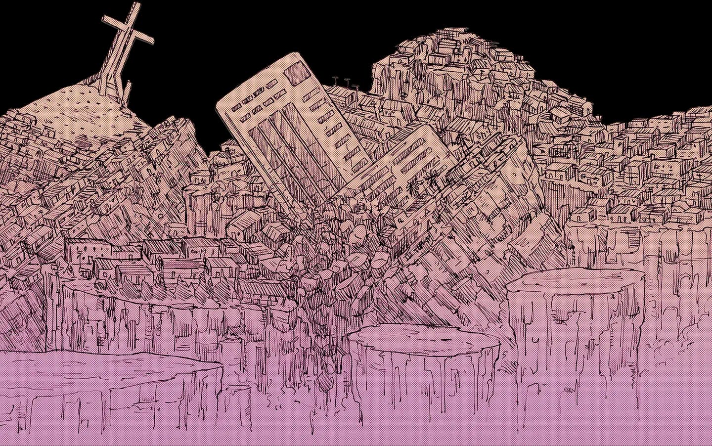 Ilustración de la ciudad de Coquimbo destruída por un Frijol Mágico